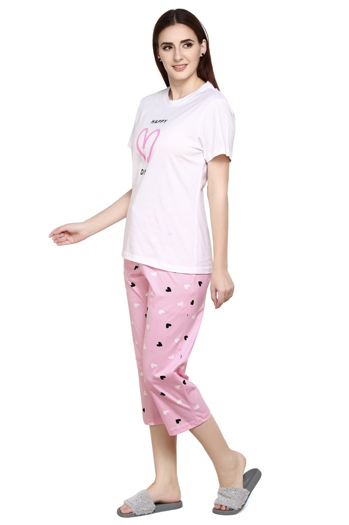 evolove Peach Round neck Stripes &amp; Ice cream Print Women's (Capri set) Night suit Get free eyemask inside of any design (White &amp; Peach, S)_NCSKN1421WE-S