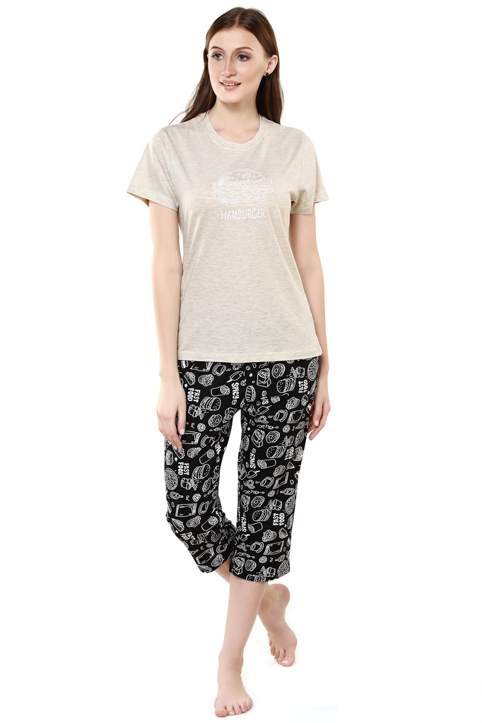 evolove Women's Sunlight White Round Neck Food Print Capri Set (Sunlight White &amp; Black