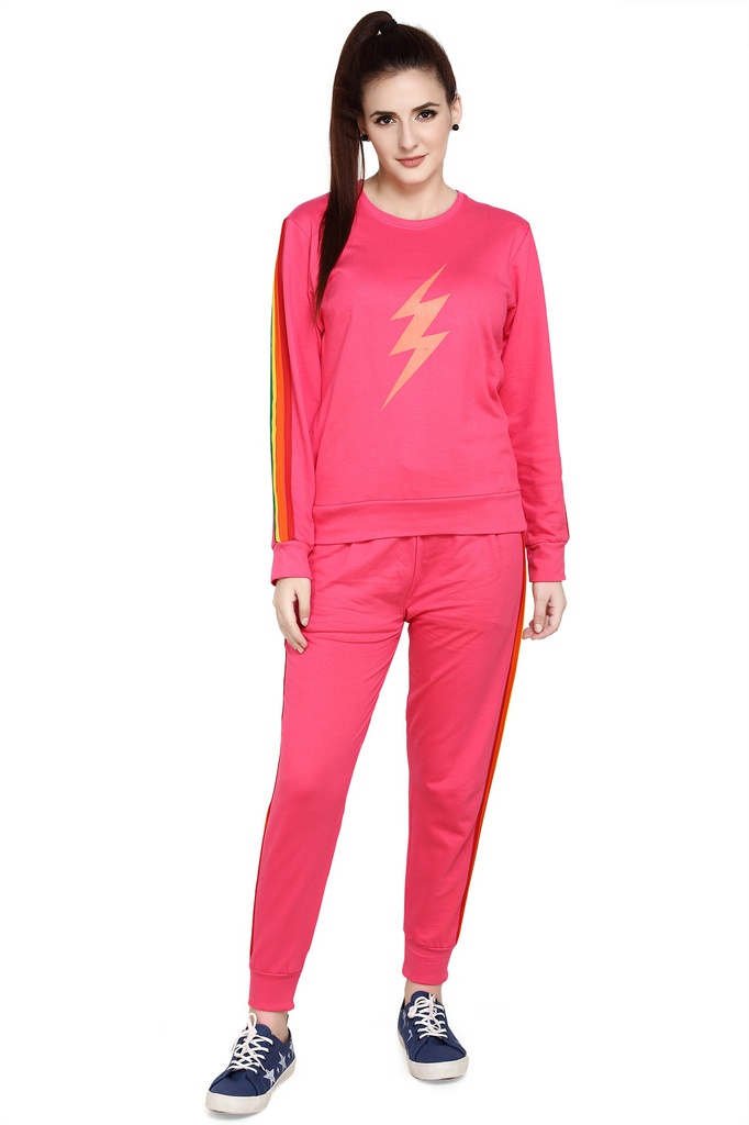 evolove Women's Fushia Night Suit / Pyjama Set / Track Suit With Coloured Stripes Super Comfortable/ Trendy coloured stripes/ Full sleeve/ Vertical stripes (Size -)_WTSKLY1396FA