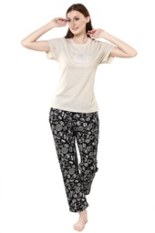 [NPSKN1347BK] evolove Women's Sunlight White Round Neck Food Print Pajama Set (Sunlight White &amp; Black