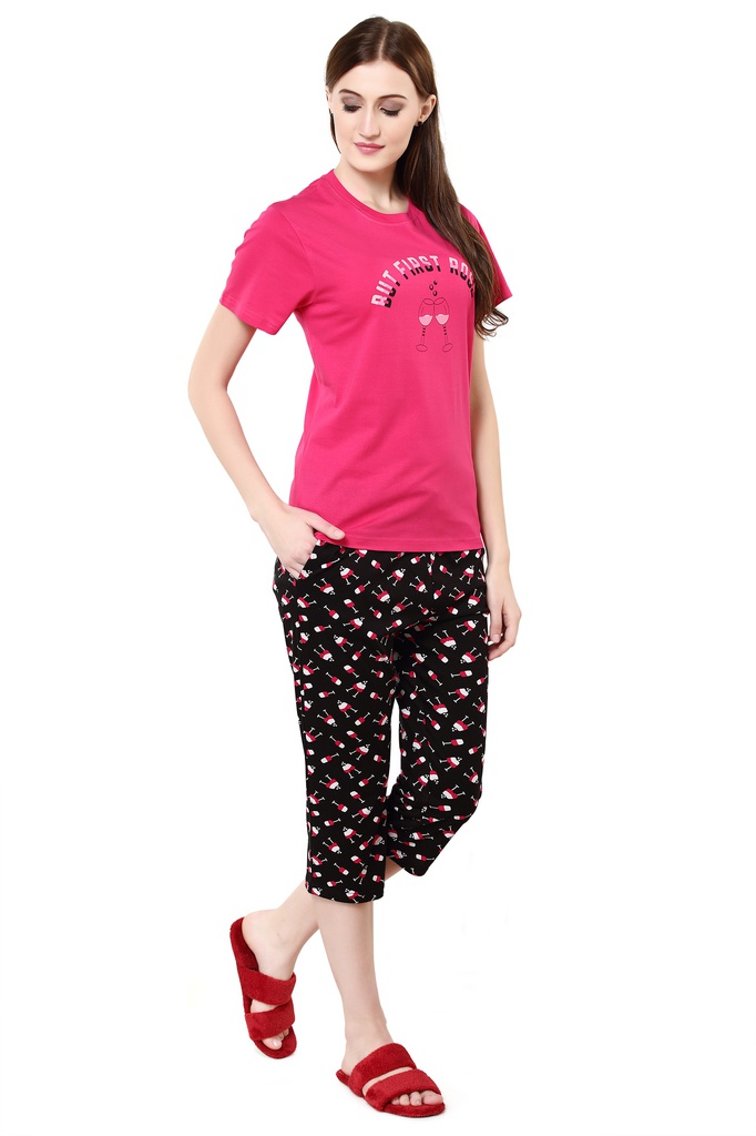 evolove Prism Pink Round Neck Watermelon print Women's (Pajama set), (Prism Pink &amp; Cameo Green)
