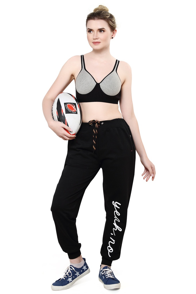 evolove Women's typo graphy printed Jogger Stretchable Casual Trousers Ladies/Girls Cotton lycra/Track Pants/Joggers, Work Out, Sports &amp; Casual wear (Black with White text)