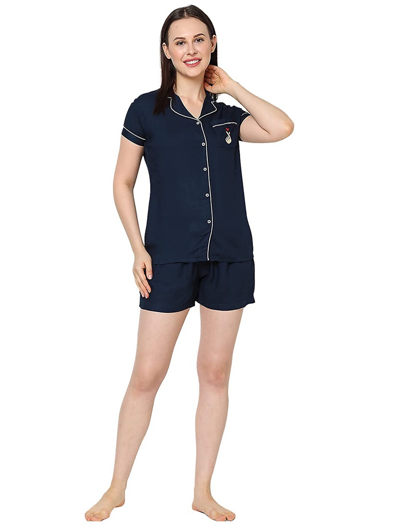 evolove Women's Viscose Liva Super Soft Shirt &amp; Shorts Set, Night suit set - Loungewear, Sleepwear, PJ set, Bermuda &amp; Top, Best fit, Our most comfortable (BTS Heart Symbol embroidery on pocket), Various colour Options &amp; sizes M - XXL)